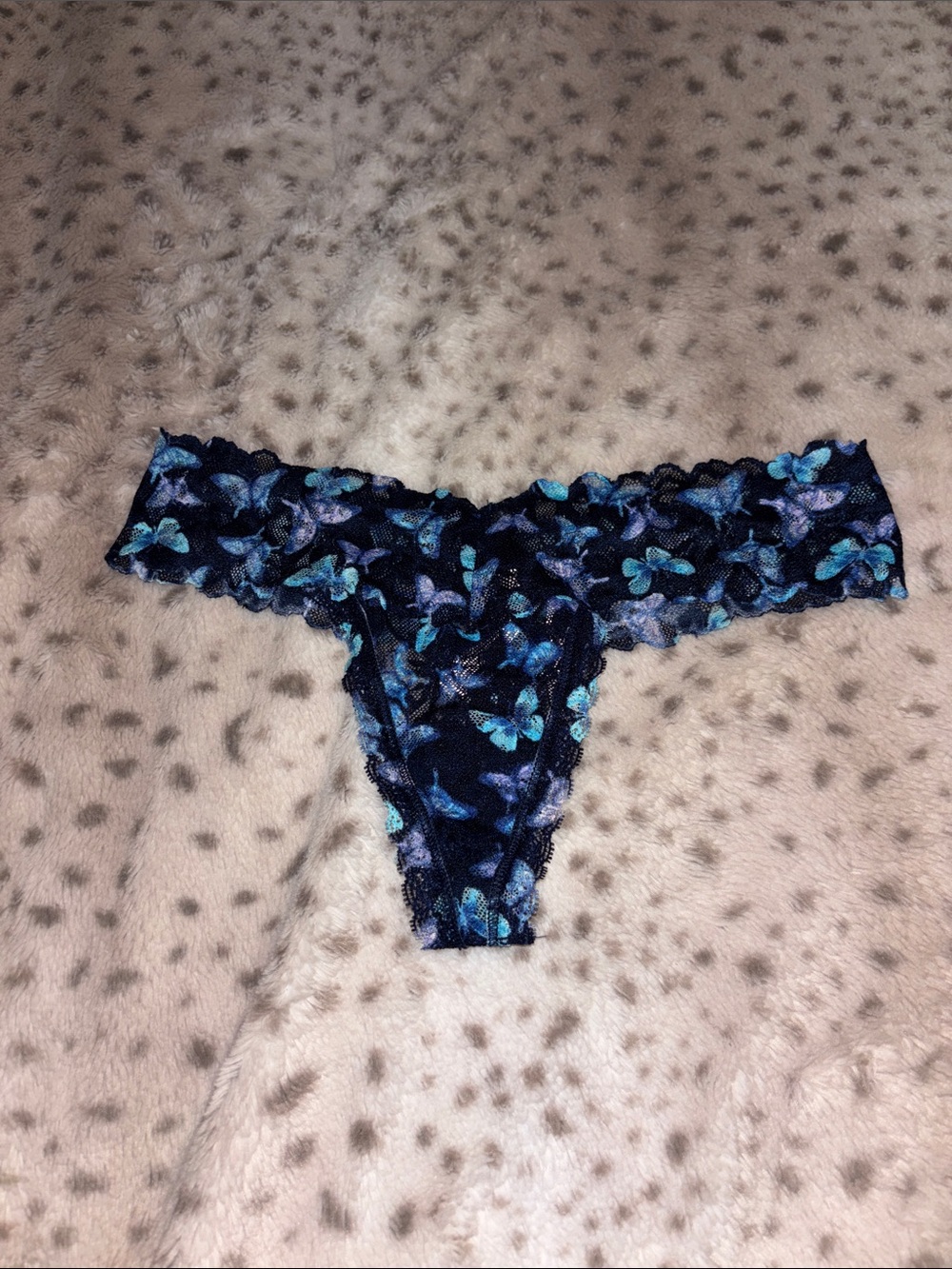 Victoria's Secret Navy Blue Thong with Turquoise Butterfly Print